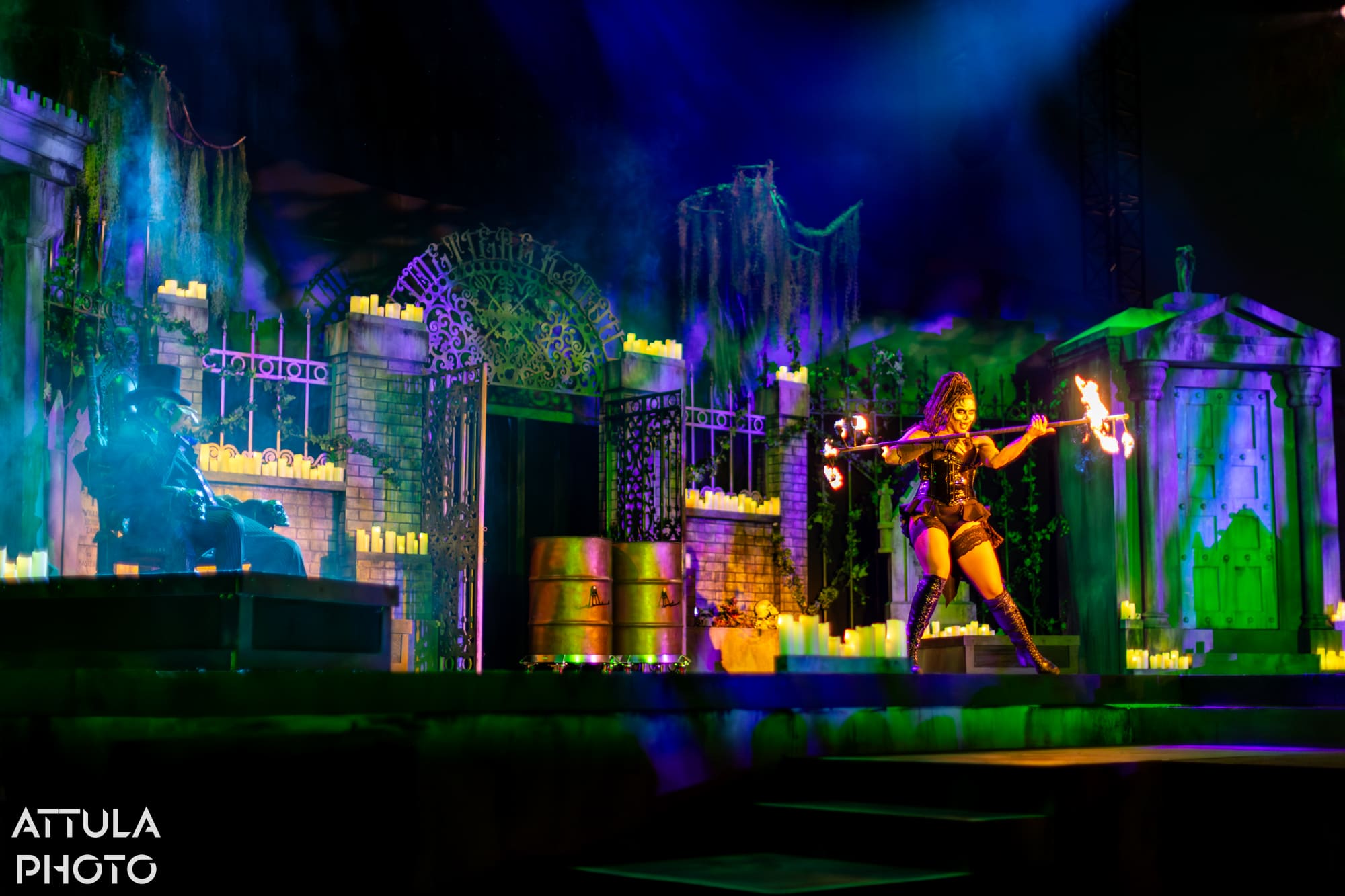 The fire dancer performs for the Lwa across the full cemetery set — Voodoo: Bayou's Edge, Knott's Scary Farm 2026