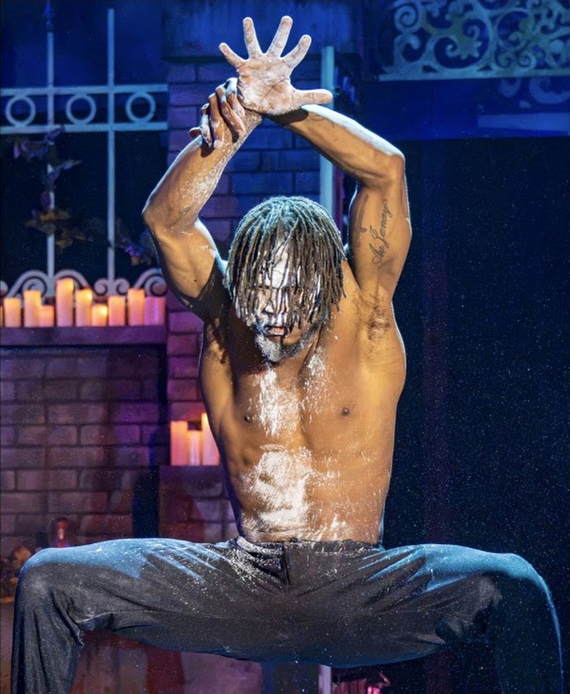 Norbert Tonquino as the possessed Contortionist, powder flying — Voodoo: Bayou's Edge, Knott's Scary Farm 2026