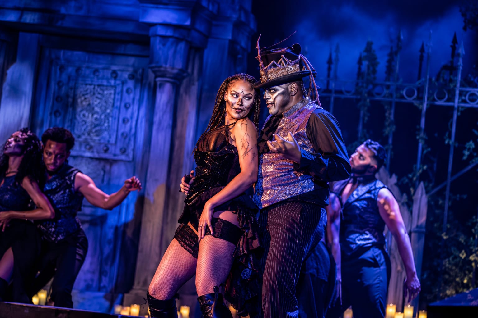 Dedrick Bonner as Baron Samedi and one of the Gede before the mausoleum, the company around them — Voodoo: Bayou's Edge, Knott's Scary Farm 2026
